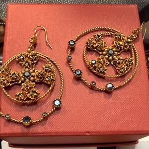 Virgin, Saints and Angels Celtic Cross Elegant Brass and Bluish/Black Earrings